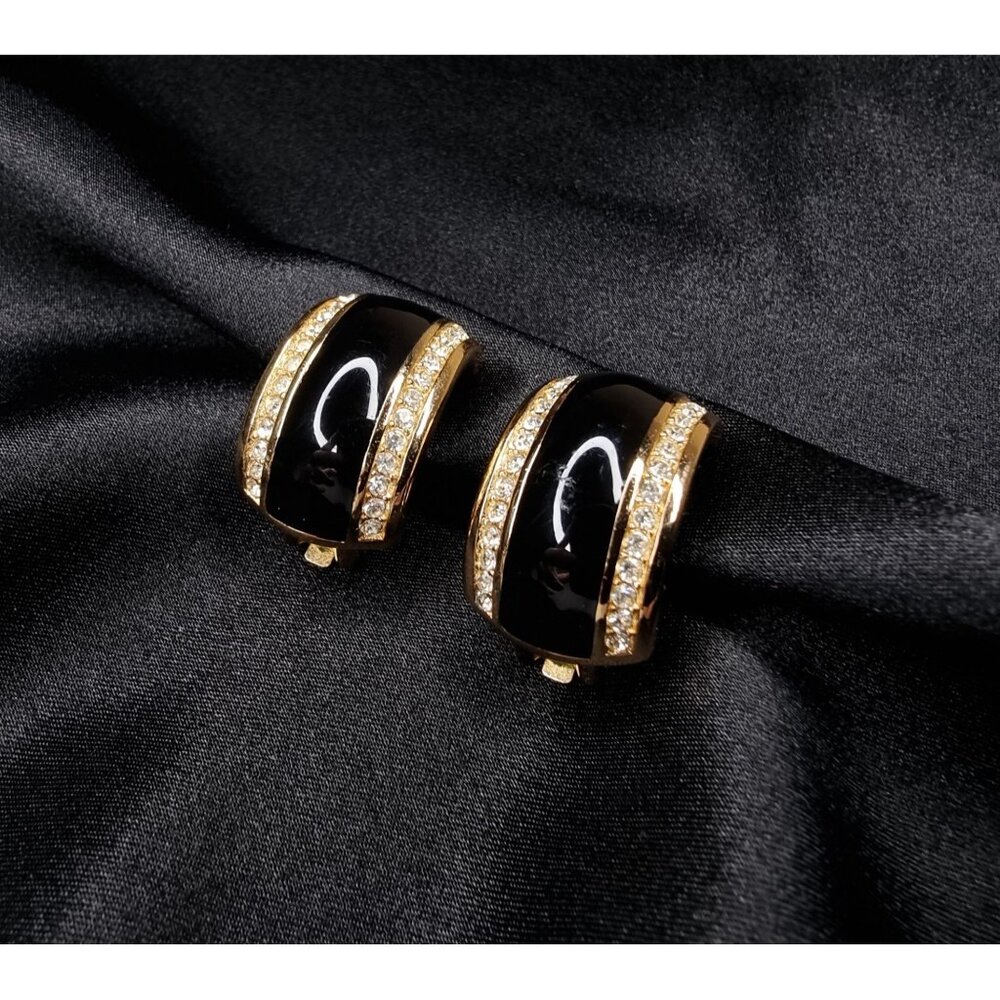 Vintage Christian Dior 1990s Black & Gold Clip-On Earrings With Rhinestone - Picture 5 of 7